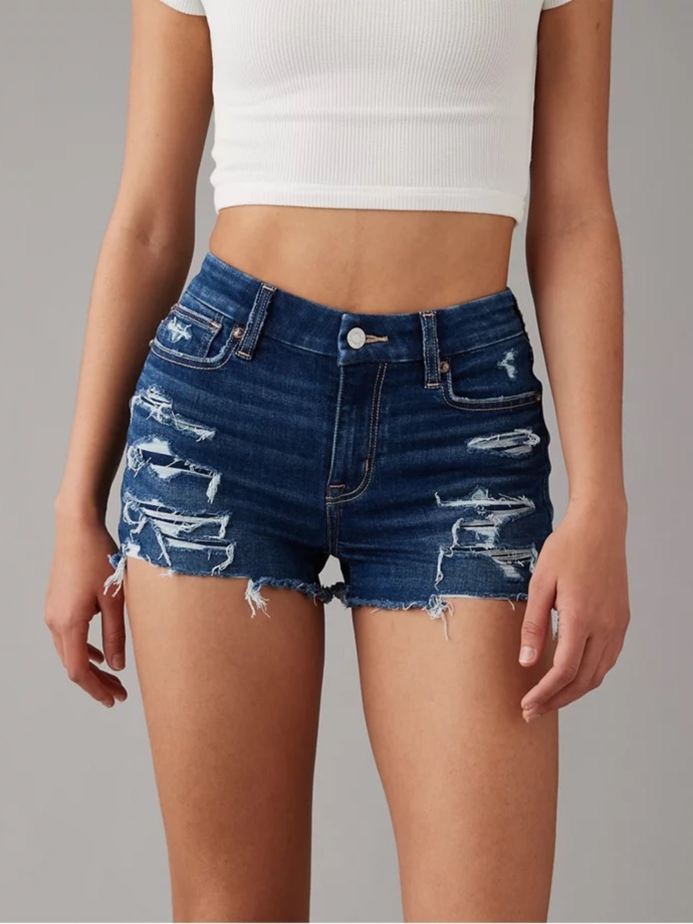 American Eagle Hi Rise Shortie Dark Blue Wash Distressed Shorts
